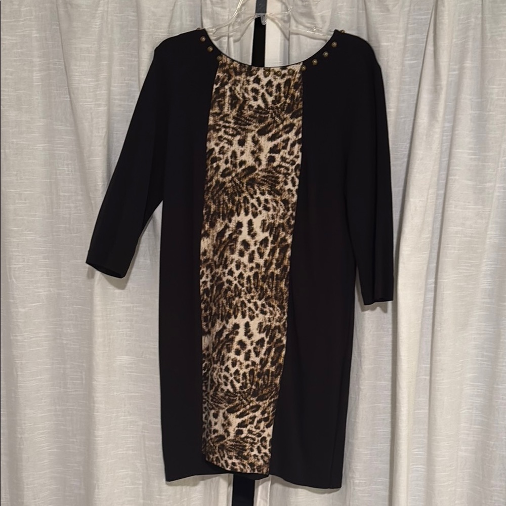 Ruby Rd Tan and Brown Sheath Dress with brass colored neckline and  3/4 Sleeves